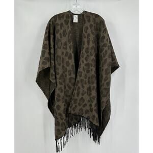Woolrich Womens Wrap OS Fringe Leopard‎ Print Boho Cozy Blanket Cape Poncho